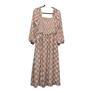 SIXDO Floral smocked Midi Dress Size Large long sleeves square neckline Pockets